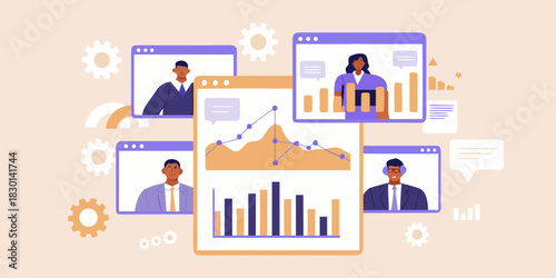 Online business meeting with data analysis and diverse team members