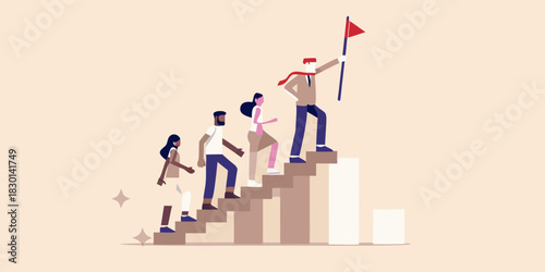 Team climbing stairs to success with leader holding flag