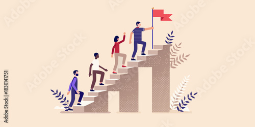 Team climbing stairs to success with leader holding flag at the top