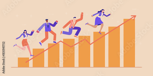 Diverse business team running up a financial growth chart towards success