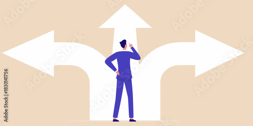 Businessman at a crossroads making a decision on which path to take