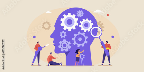 Teamwork solving problems and fixing gears inside human head brain mechanism