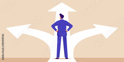 Businessman at crossroads making decision about future direction