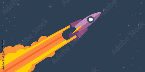 Cartoon rocket launching into space with stars background illustration