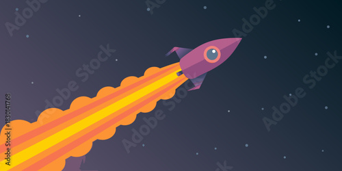 Flat design rocket launching into space with stars and fire
