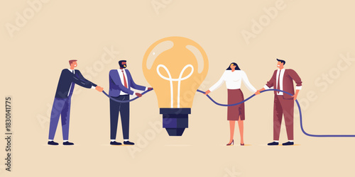 Business team connecting to a giant lightbulb for innovation and ideas