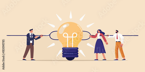 Teamwork connecting ideas business people lighting up a giant lightbulb together