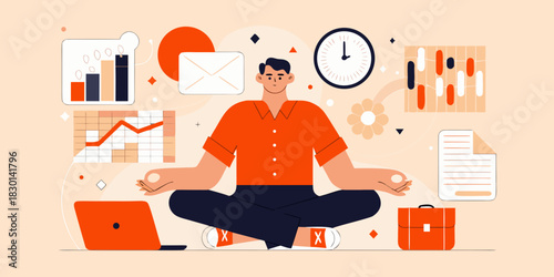 Business man meditating for stress relief and focus at work