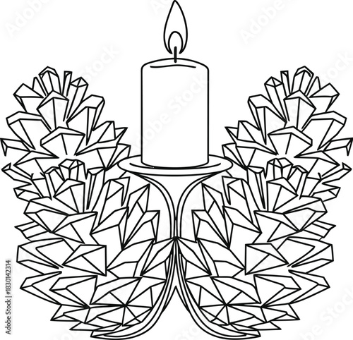 Elegant line art illustration of a candle holder with pine cones for holiday cards or festive designs, simple and modern style for winter celebrations