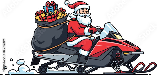 Santa Claus delivers presents on a snowmobile, bringing holiday cheer and joy, a modern and fun twist on a classic Christmas scene for festive promotions