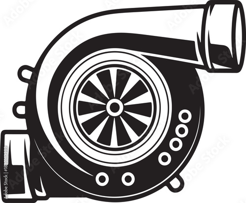 Black and white graphic illustration of a turbocharger engine part automotive mechanical