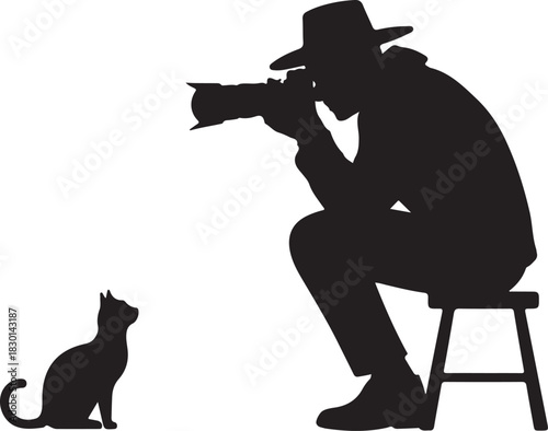 Silhouette of a man wearing a hat taking a photo of a sitting cat photographer camera