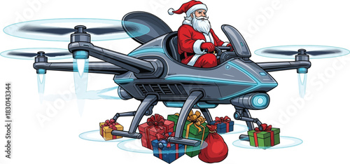 Santa Claus delivering Christmas gifts with futuristic drone for holiday marketing campaigns and festive social media promotions this winter season