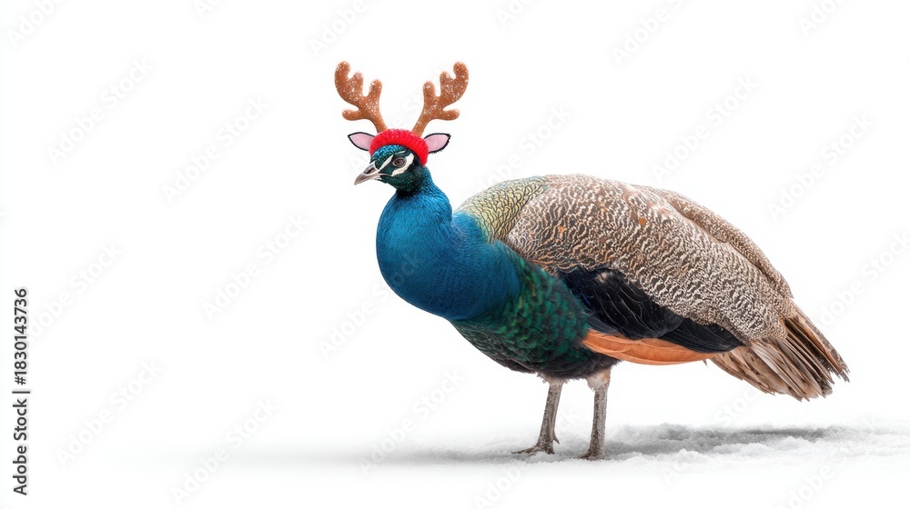 Fototapeta premium Colorful peacock wearing reindeer antlers and a festive hat, standing on snow, showcasing a whimsical holiday spirit and seasonal cheer