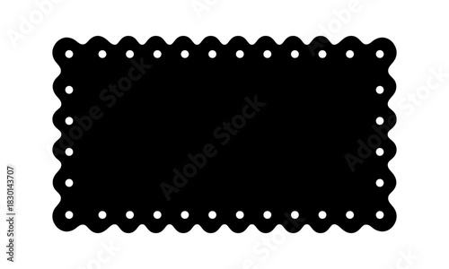 Rectangle shape with scalloped dotted borders. Rectangular geometric form with curvy edges. Blank textbox, tag or label template isolated on white background. Vector graphic illustration.