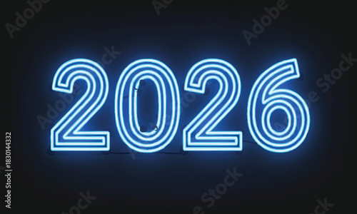 Vibrant blue neon lights illuminate the digits 2026 against a dark background, symbolizing future events and new beginnings
