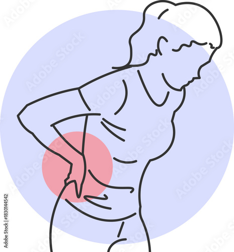 Woman clutching her back, experiencing acute lower back pain and a hunched posture