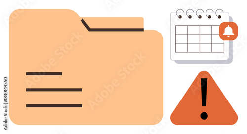 File folder beside a calendar with notification bell and alert icon. Ideal for organization, scheduling, deadline management, reminders, planning, file management, productivity. A simple flat