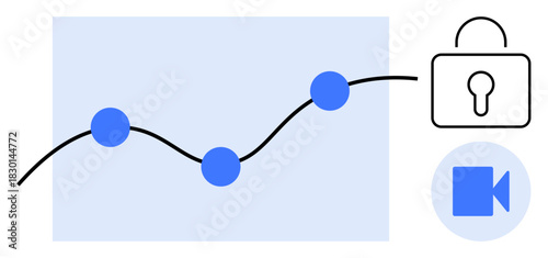 Graph line with data points beside lock and video camera icons, representing analytics, security, and communication. Ideal for business, technology, research, online meetings, security data privacy