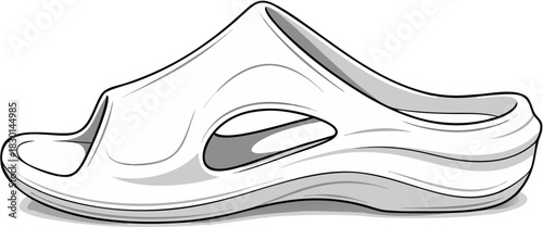 Outline drawing of a white foam slide sandal with cutout detail