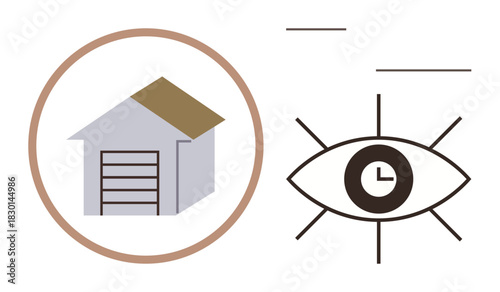 House icon with garage within a circular frame and an abstract eye containing a clock. Ideal for security, surveillance, monitoring, time management, automation, home safety, modern technology