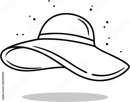 Black and white line art drawing of a wide brim sun hat with sparkles