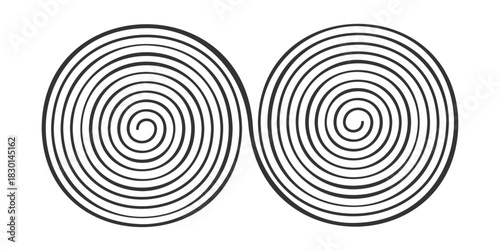 Two hand drawn connected spiral shapes isolated on white background. Hypnotic psychedelic design. Brain work concept. Whirlpool, dizzy or tornado symbols. Vector graphic illustration.