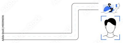 Curved roadway alongside a user profile frame with facial recognition and a person giving a thumbs-up gesture. Ideal for navigation, feedback, recognition apps, communication, user interface