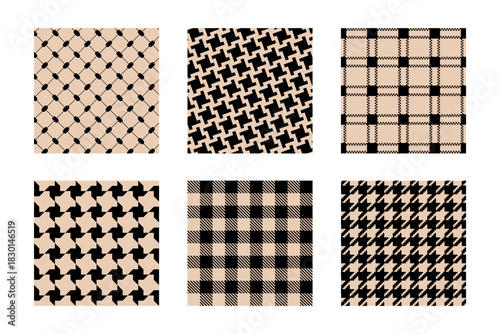 Set of gingham, houndstooth, keffiyeh and pepita patterns. Plaid, scarf or cloth fabric prints. Checkered textile motifs. Classical weaven tweed or flannel ornaments. Vector graphic illustration.