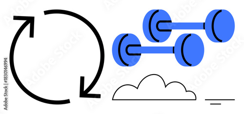 Fitness concept. Dumbbells, arrow icons and movement-themed designs for health. Fitness underscores exercise, strength building, and training. For workout plans, sports, health promotion lifestyle