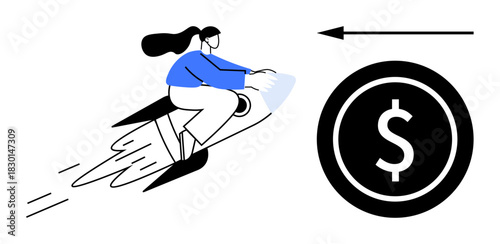 Financial freedom concept. Woman speeding on rocket towards dollar symbol success and growth. Financial empowerment and economic independence. For fintech, banking, startups, investment platforms