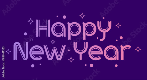 Happy New Year greeting text in a modern font with a purple and pink gradient on a dark background with sparkles.
