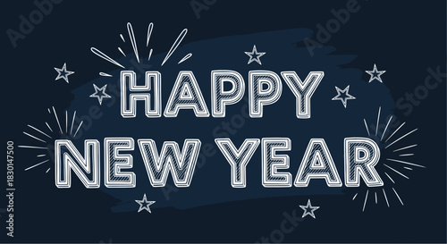 Happy New Year greeting with silver text, stars, and celebratory fireworks on a dark blue background.