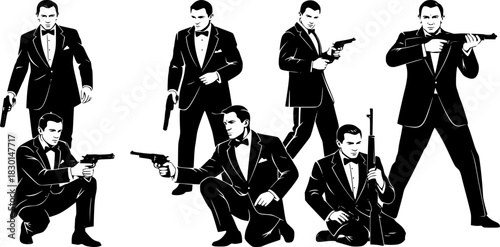 Silhouettes of Elegant Men in Suits with Guns – Bow Tie and Weapon Pose – Bond-Inspired Vector Illustration on White Background for Spy or Action Themes