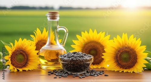 Sunflower Oil Seeds and Blossoms Displayed on a Wooden Table