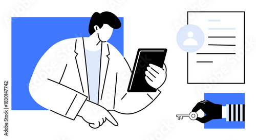 Person using tablet device evaluating a digital form, user profile, and hand transferring key. Ideal for technology, security, authentication, business, remote work data privacy. Simple flat