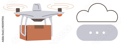 quadcopter delivering package linked to cloud network. Ideal for logistics innovation, tech advancement, IoT progression, e-commerce, communication, smart solutions, futuristic delivery systems. A