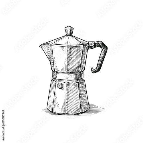Engraving of Hand-Drawn Moka Pot Coffee Sketch
