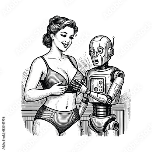 Vintage Curious Robot and Pin-up Woman Engraving