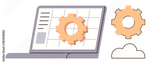 Laptop with a large gear overlay on a grid-thumbs up screen and a cloud illustration next to it. Ideal for concepts like technology, software development, automation, cloud computing, system