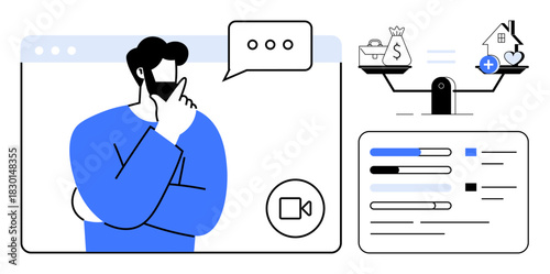 Decision-making concept. Visualizing thoughtful choices with virtual communication, a balance scale, and progress tracking. Decision-making in business, personal finance, life choices, virtual tools