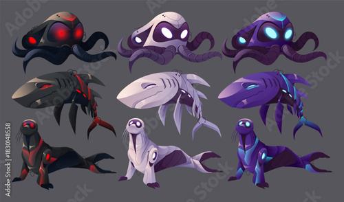 Futuristic robotic marine mammals and fish with metallic cyberpunk detailing