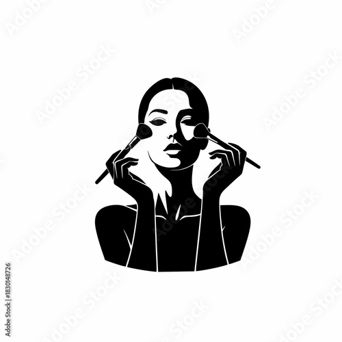 Black and White Portrait of Woman Applying Makeup with Brushes