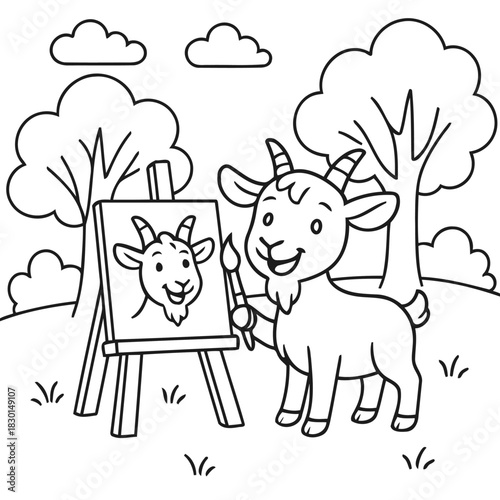 Goat Painting Self-Portrait: A whimsical cartoon goat stands before an easel, brush in hand, artistically recreating itself on canvas against a serene outdoor landscape. 