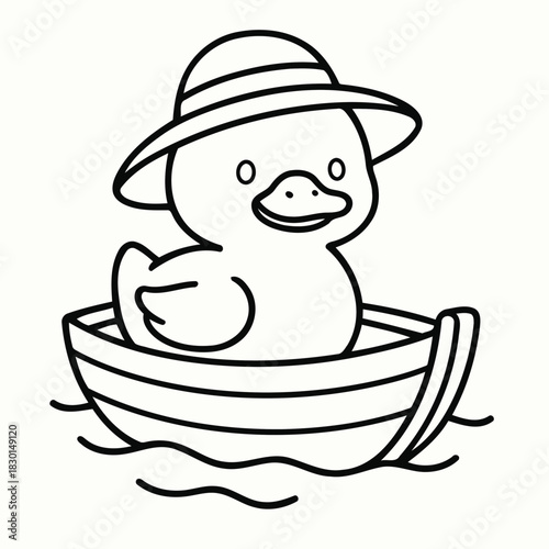 Duck in a boat: A charming cartoon duck dons a sunhat and embarks on a water adventure in a small boat, sailing across a calm sea.