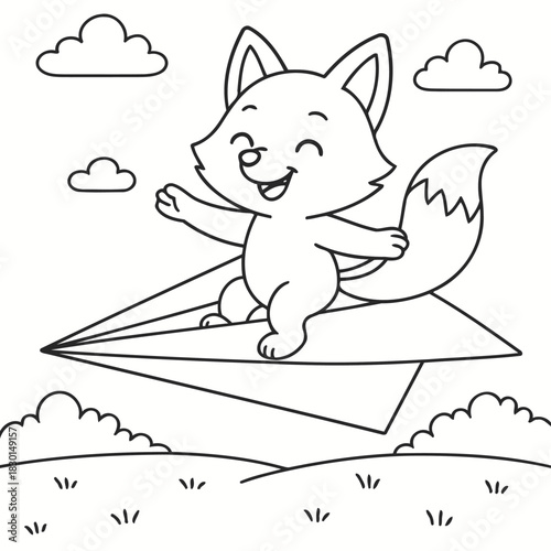 Fox on Paper Airplane Adventure: A charming fox soars through the sky on a handcrafted paper airplane, embodies freedom, joy, and the boundless potential of imagination.