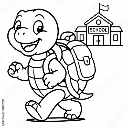 Turtle Goes to School: A cheerful turtle, bearing a backpack, strides towards a school building, embodying the excitement of education and the joy of learning.