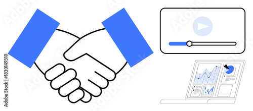 Connected handshake, video tutorial with player bar, and laptop displaying data charts. Ideal for teamwork, digital learning, business agreement, analytics, communication, online coaching