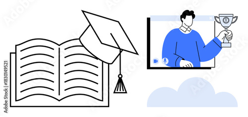 Open book with graduation cap, person holding trophy on virtual call, and cloud. Ideal for education, e-learning, academic success, virtual events, online courses, awards remote achievements
