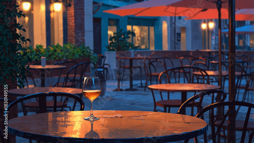夜のカフェテラス — ぼやけたネオンとワイングラス2 - 1